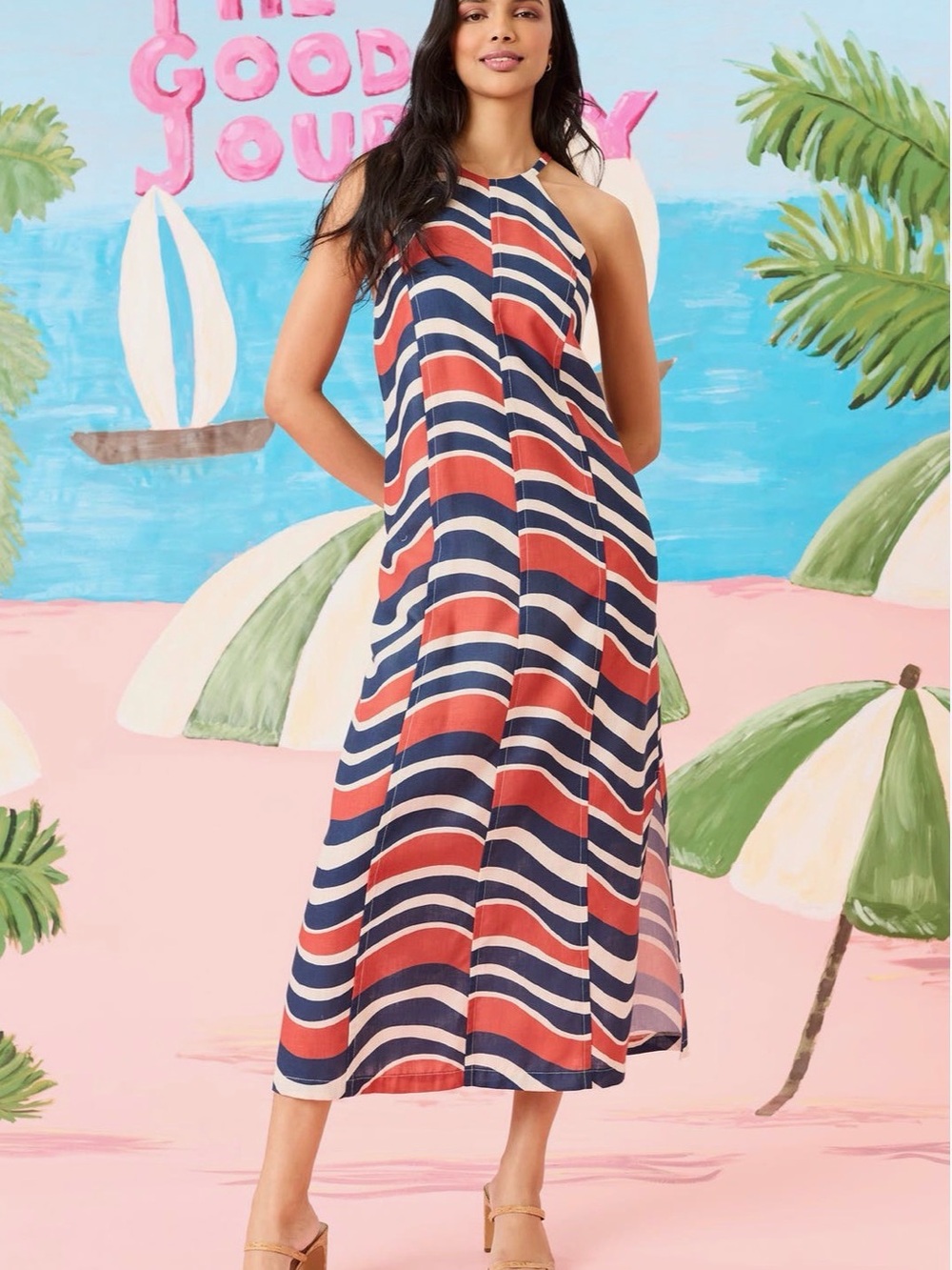 Halter Midi Dress in Navy & Coral